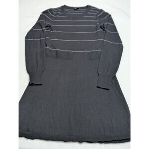 Theory Dress Wool Striped Black Gray Striped Stretch Medium Mini Long Sleeve‎